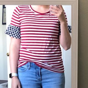 Red & White Striped top. Black Gingham Sleeve
